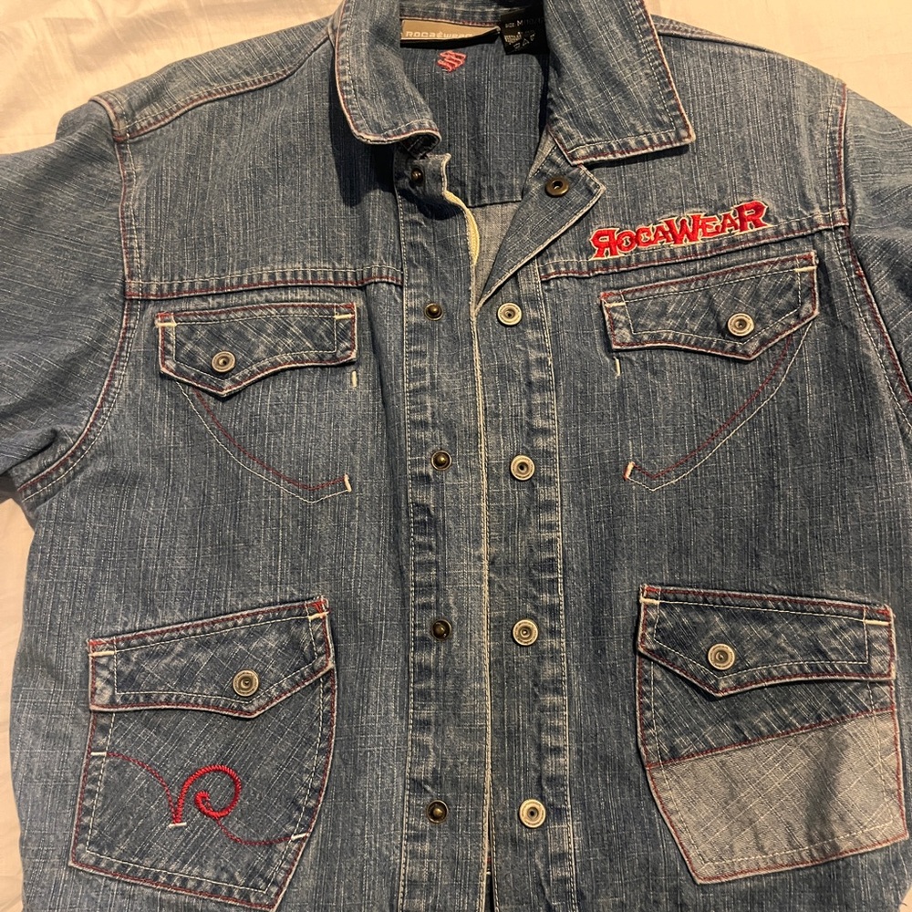 Rocawear Blue Denim Jacket with Red Stitching